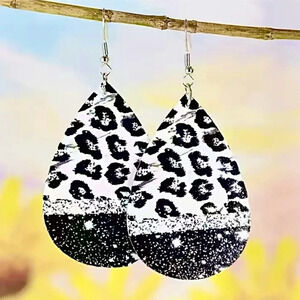 Black&White Leopard Teardrop Printed Reversible Faux Leather Dangle Earrings NEW
